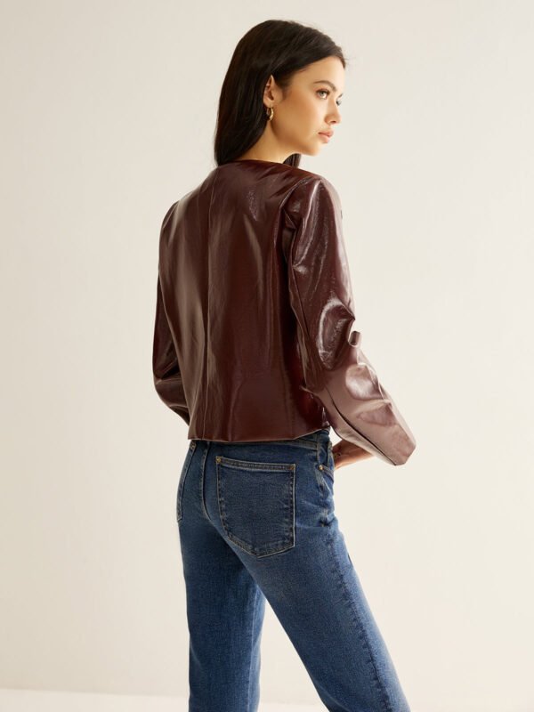 Crew Neck PU Leather Short Blazer - Image 7