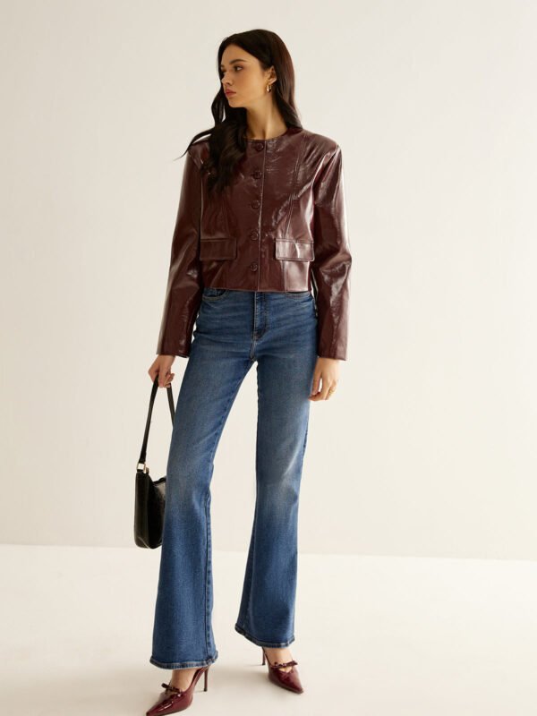 Crew Neck PU Leather Short Blazer - Image 6