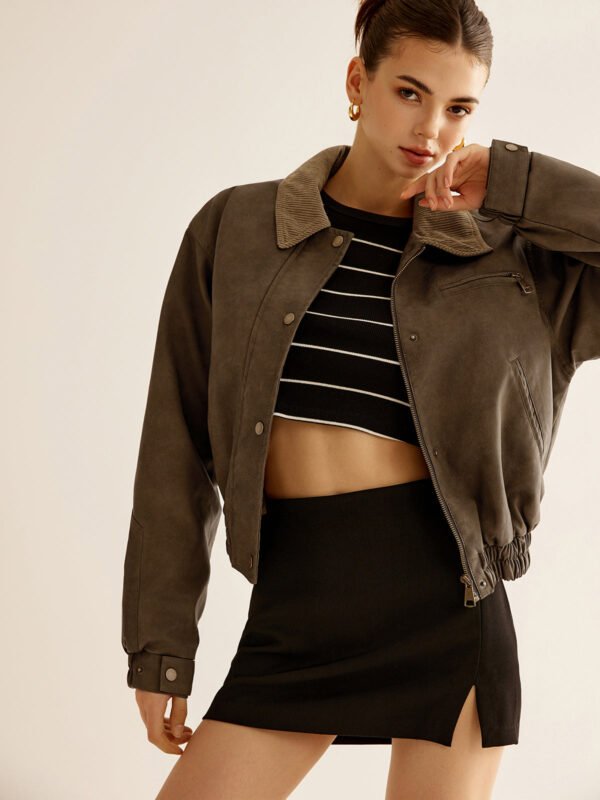Corduroy-Collar PU Leather Jacket - Image 2