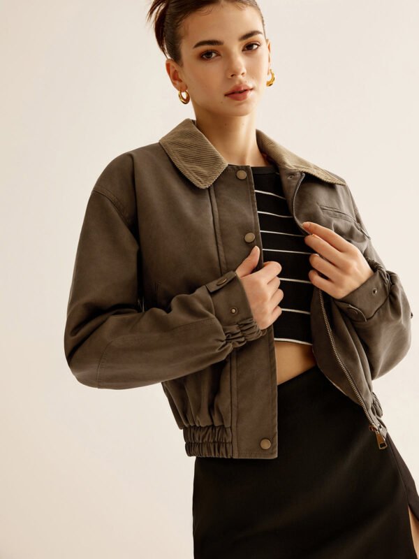 Corduroy-Collar PU Leather Jacket - Image 4