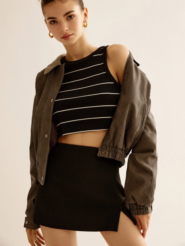 Corduroy-Collar PU Leather Jacket - Image 5