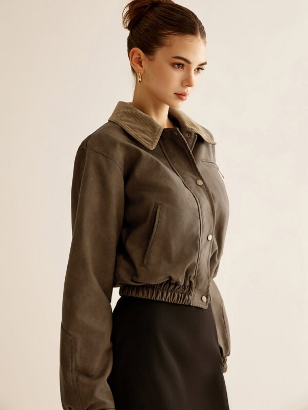 Corduroy-Collar PU Leather Jacket - Image 6