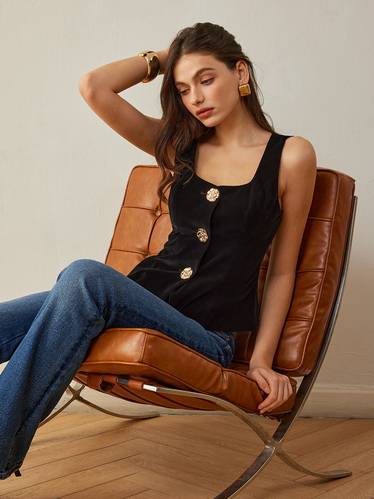Velvet Metal-Button Vest - Image 2