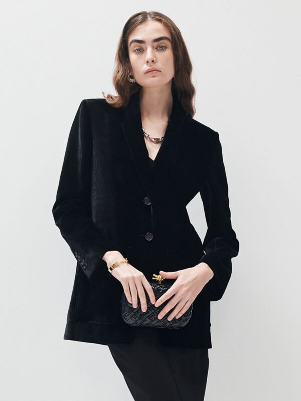 V-Neck Velvet Button Blazer - Image 2